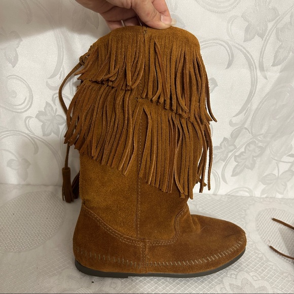 Minnetonka Chestnut Suede Fringe Calf Length Boots - Picture 3 of 10